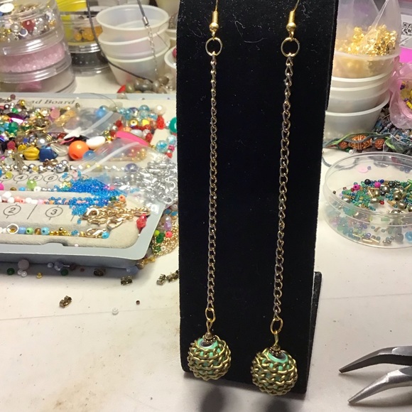 Fish hook earwire earrings 5” long w/gold metal chain & chain wrapped large bead - Picture 1 of 6